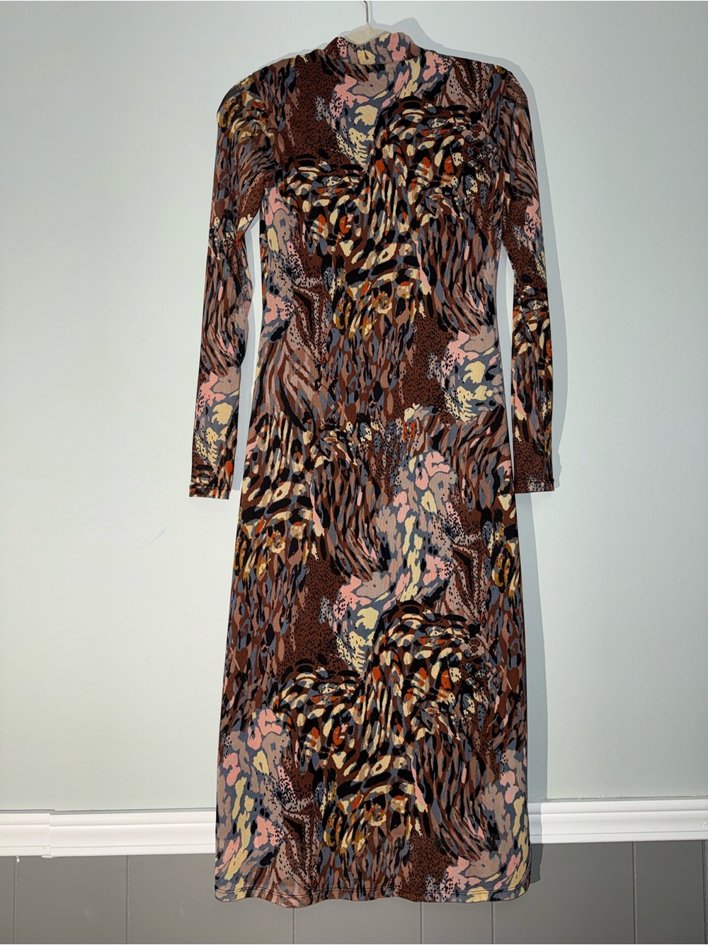 Long Sleeve Abstract Animal Print Midi Dress in Brown - Picture 7 of 9